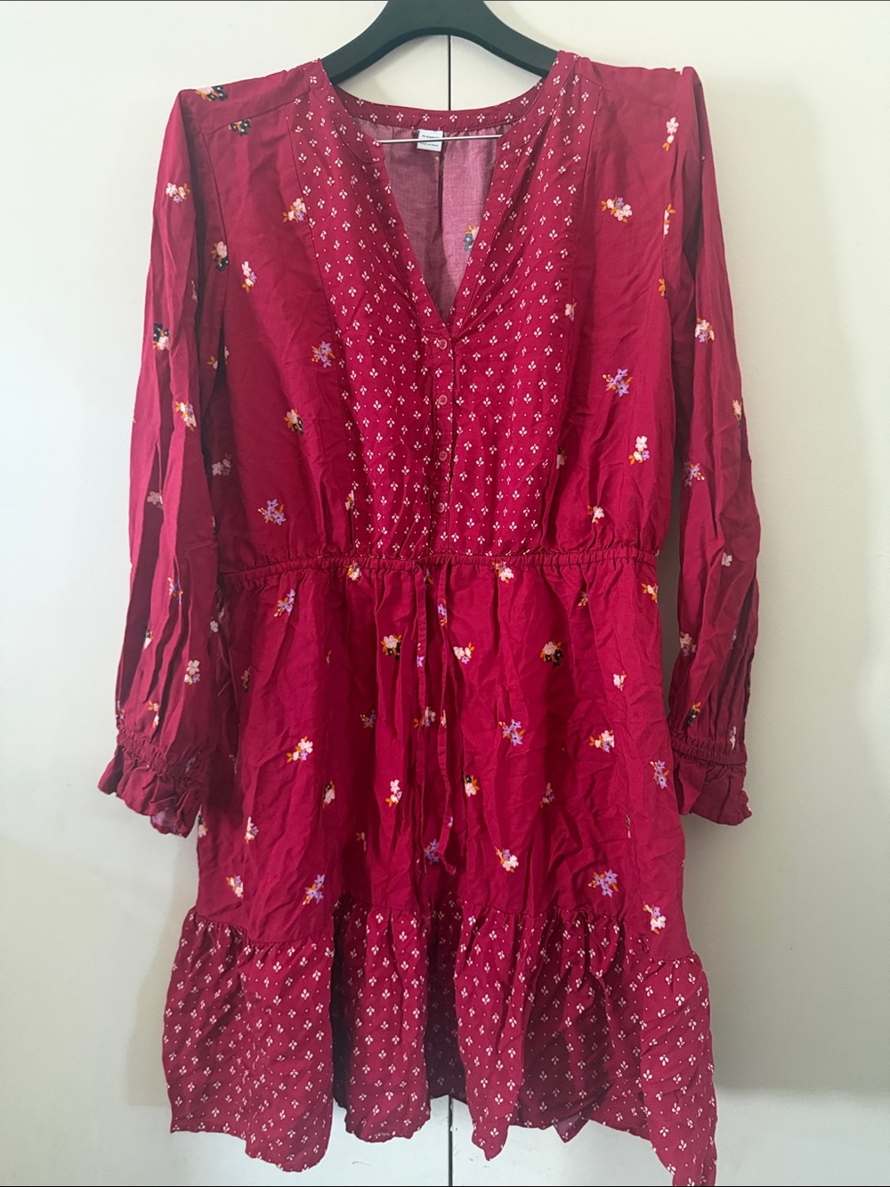 Girls' Floral Long-Sleeve Tiered Dress - Red